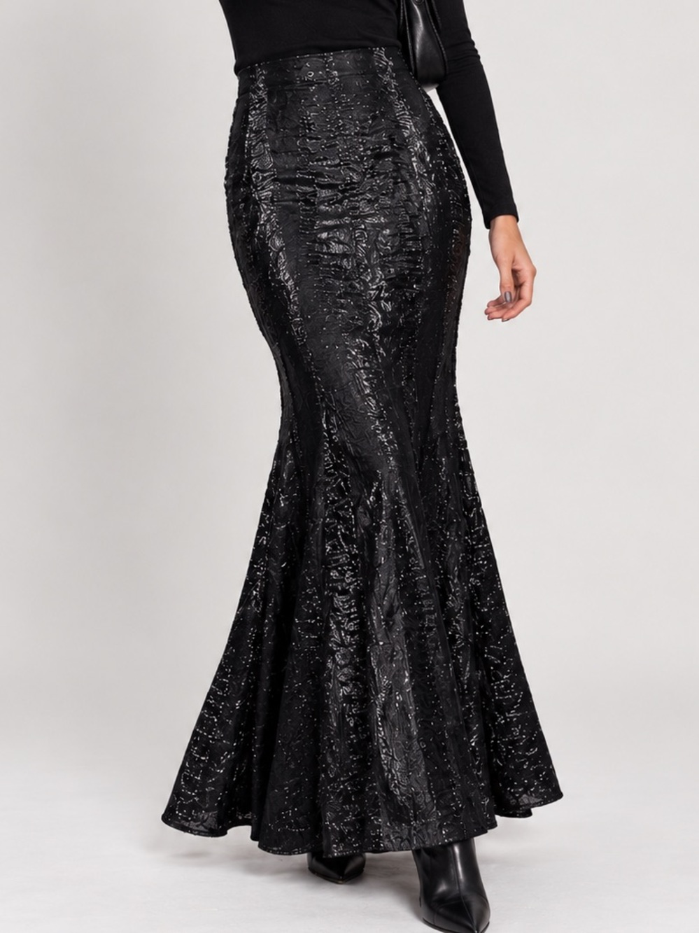 Black Shimmer Crinkle Maxi Skirt Mermaid Flare Gothic Evening Size 8